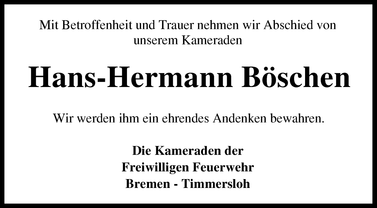 Traueranzeige von Hans-Hermann Böschen von Wuemme Zeitung