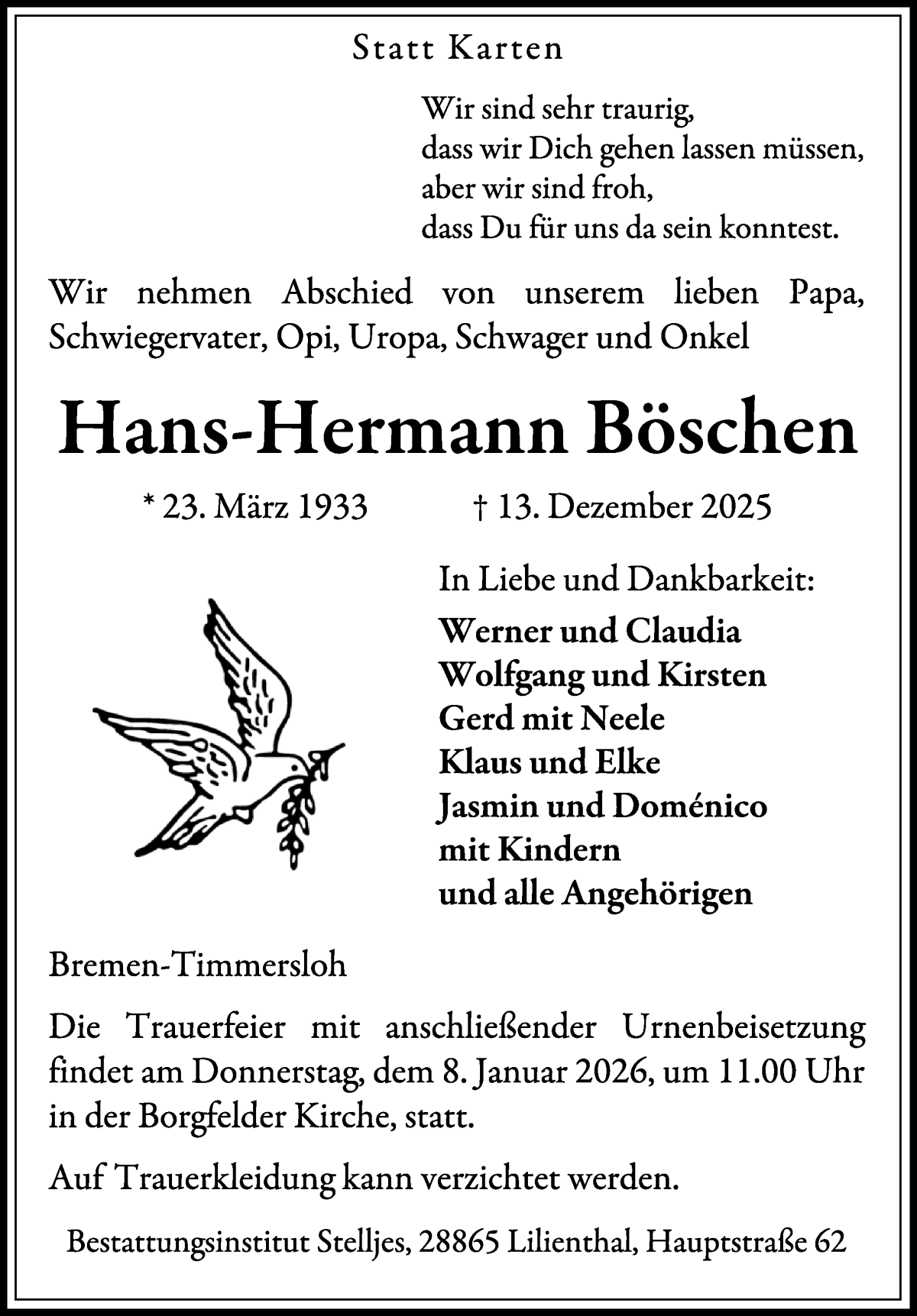 Traueranzeige von Hans-Hermann Böschen von Wuemme Zeitung