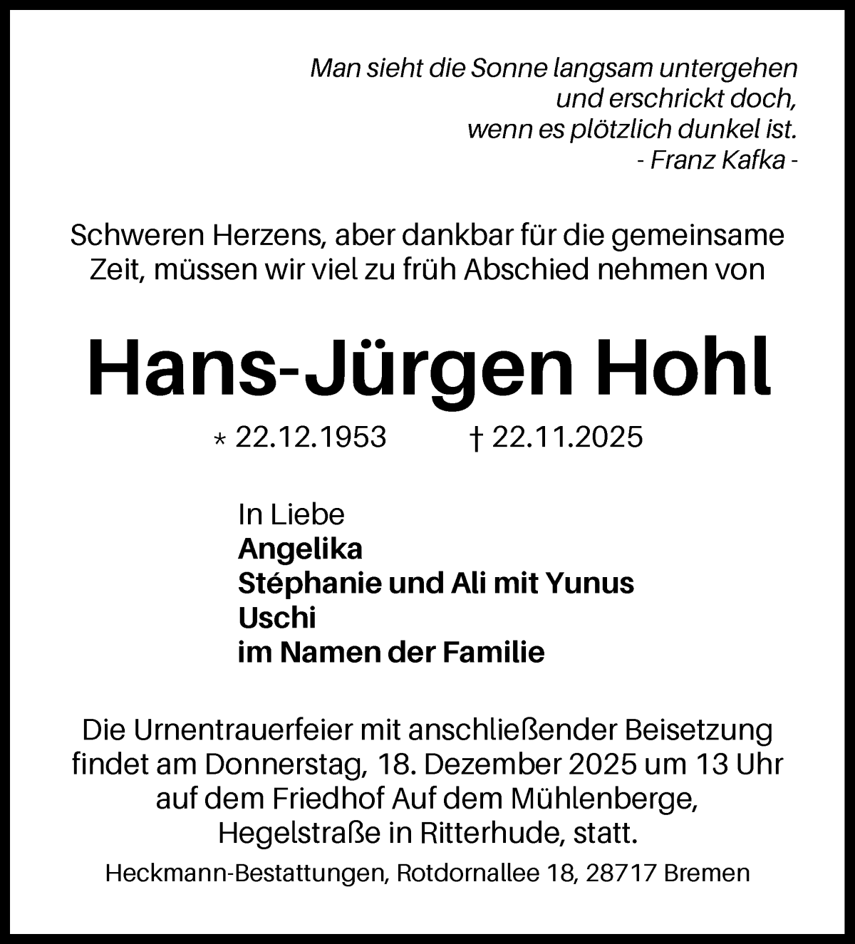  Traueranzeige für Hans-Jürgen Hohl vom 06.12.2025 aus Die Norddeutsche