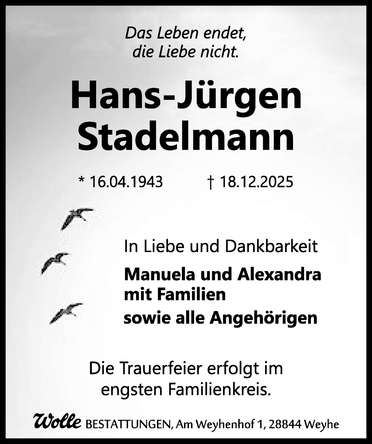 Traueranzeige von Hans-Jürgen Stadelmann von WESER-KURIER