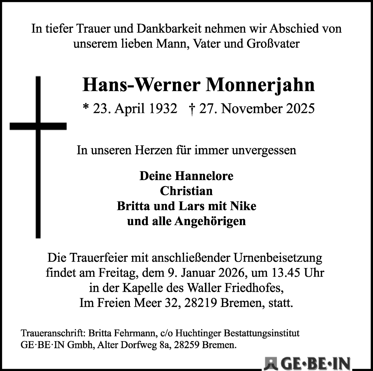  Traueranzeige für Hans-Werner Monnerjahn vom 13.12.2025 aus WESER-KURIER