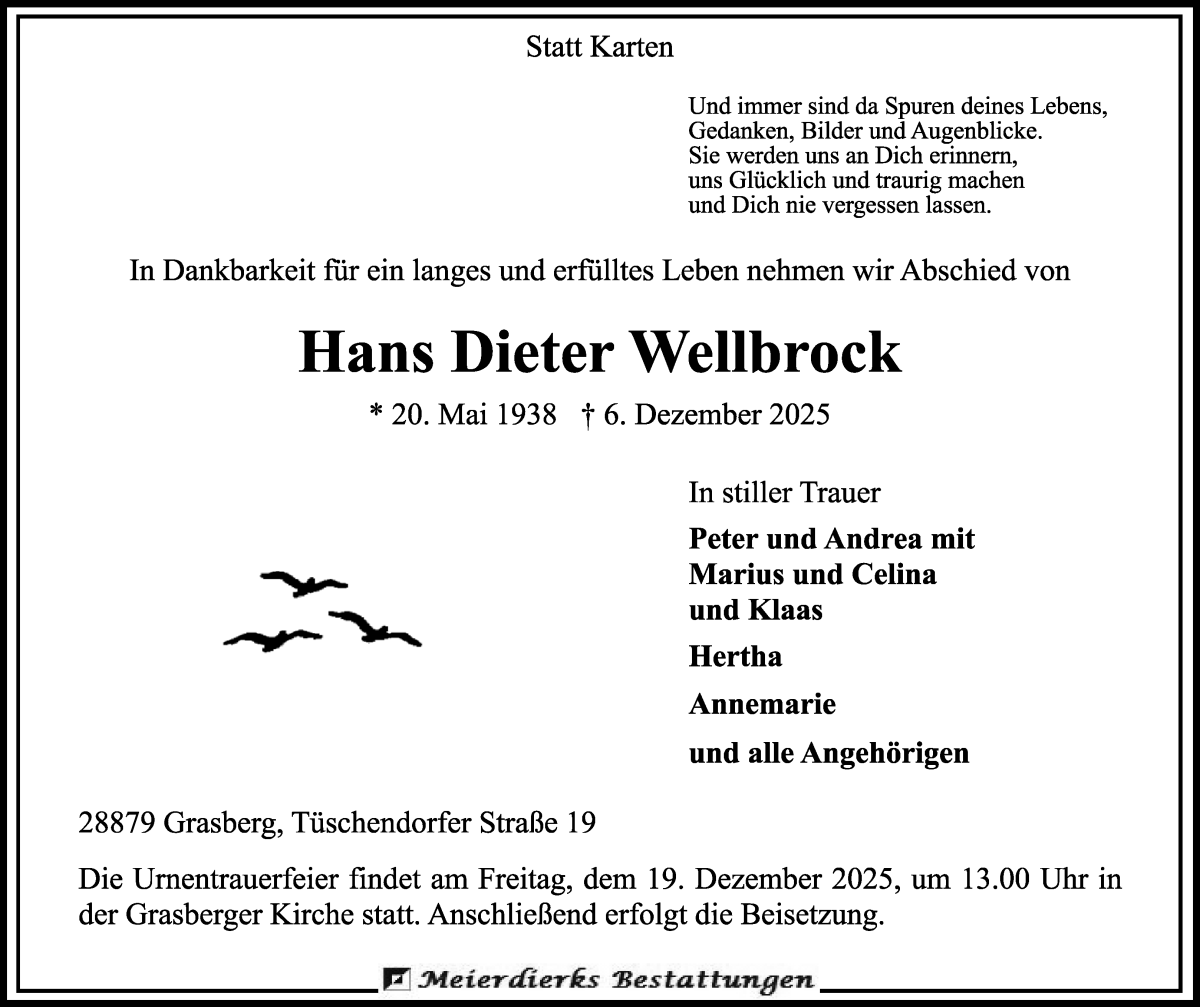 Traueranzeige von Hans Dieter Wellbrock von Wuemme Zeitung