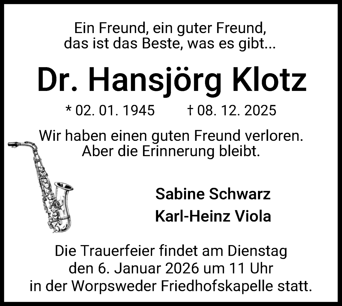 Traueranzeige von Hansjörg Klotz von WESER-KURIER