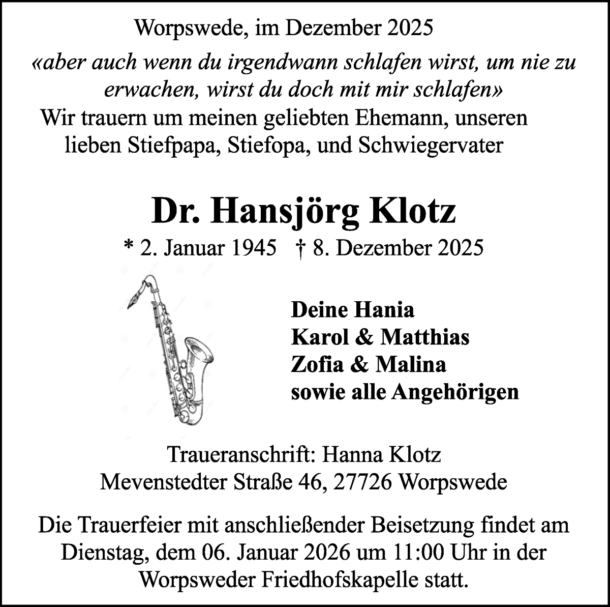 Traueranzeige von Hansjörg Klotz von Wuemme Zeitung