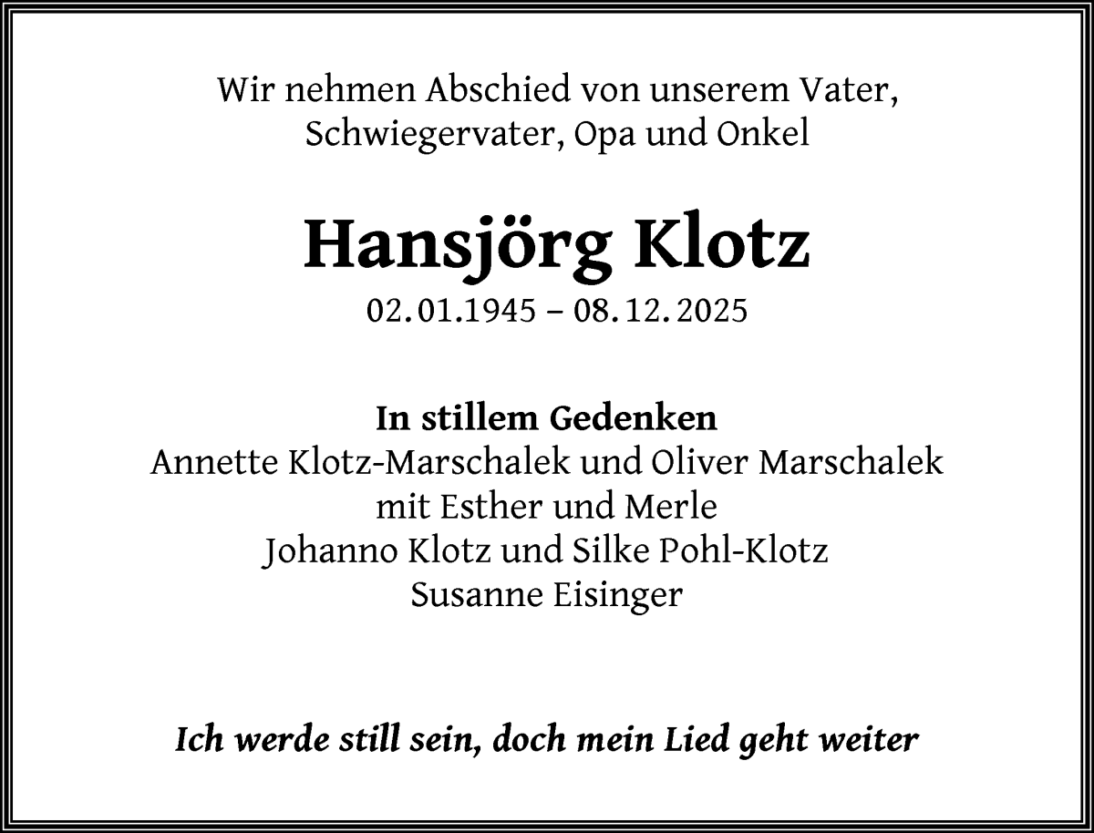 Traueranzeige von Hansjörg Klotz von WESER-KURIER