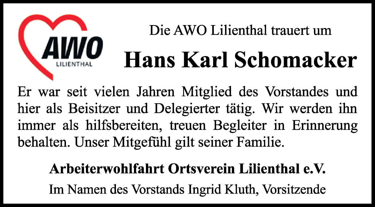 Traueranzeige von Hans Karl Schomacker von Wuemme Zeitung