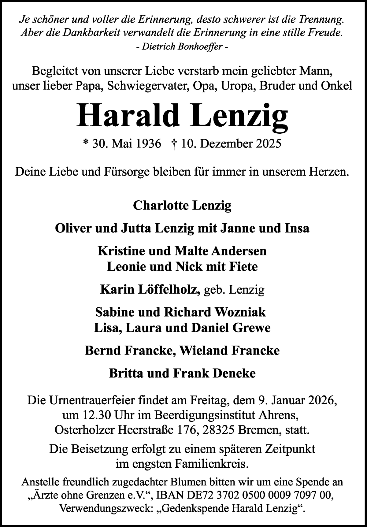 Traueranzeige von Harald Lenzig von WESER-KURIER