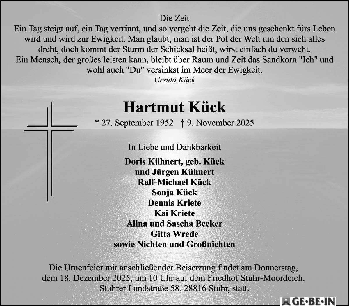  Traueranzeige für Hartmut Kück vom 06.12.2025 aus WESER-KURIER