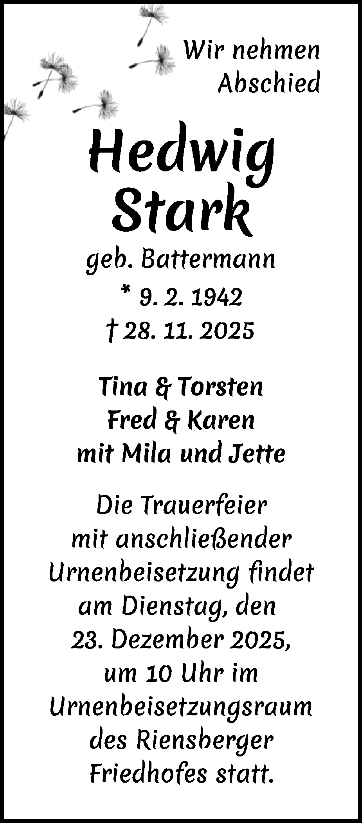 Traueranzeige von Hedwig Stark von WESER-KURIER