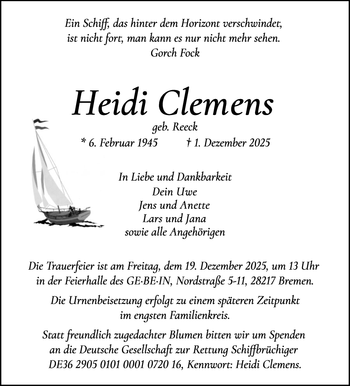 Traueranzeige von Heidi Clemens von WESER-KURIER