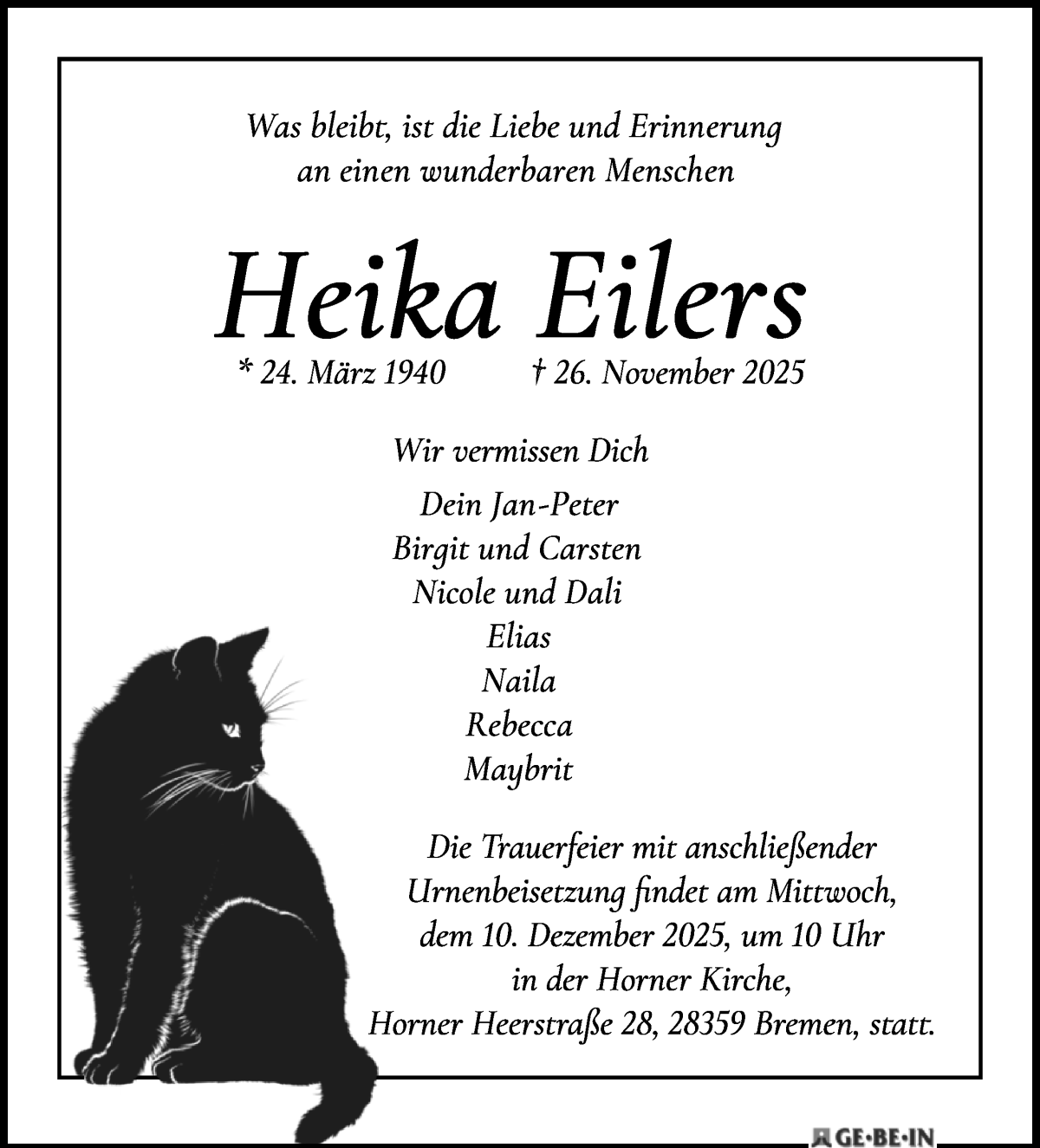  Traueranzeige für Heika Eilers vom 06.12.2025 aus WESER-KURIER