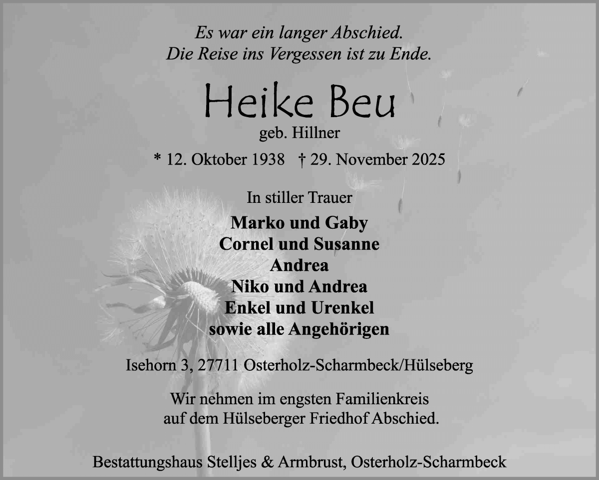 Traueranzeige von Heike Beu von Osterholzer Kreisblatt