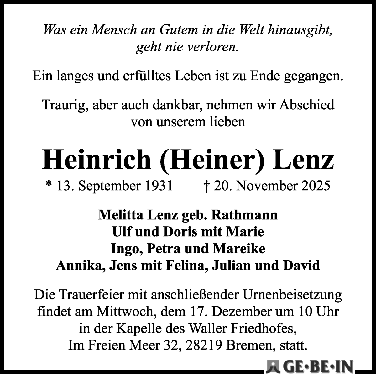 Traueranzeige von Heinrich (Heiner) Lenz von WESER-KURIER