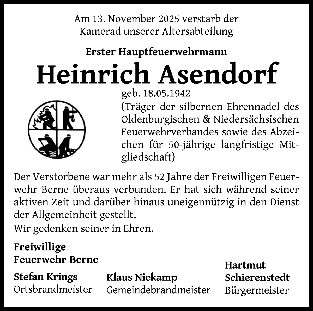 Traueranzeige von Heinrich Asendorf von Die Norddeutsche