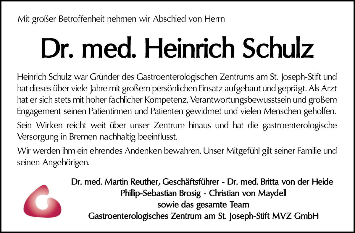 Traueranzeige von Heinrich Schulz von WESER-KURIER