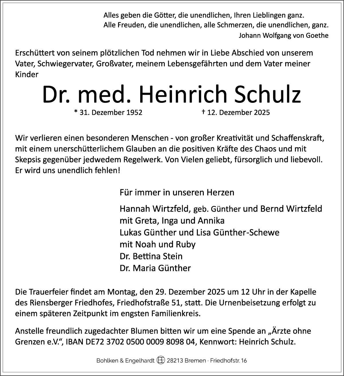 Traueranzeige von Heinrich Schulz von WESER-KURIER