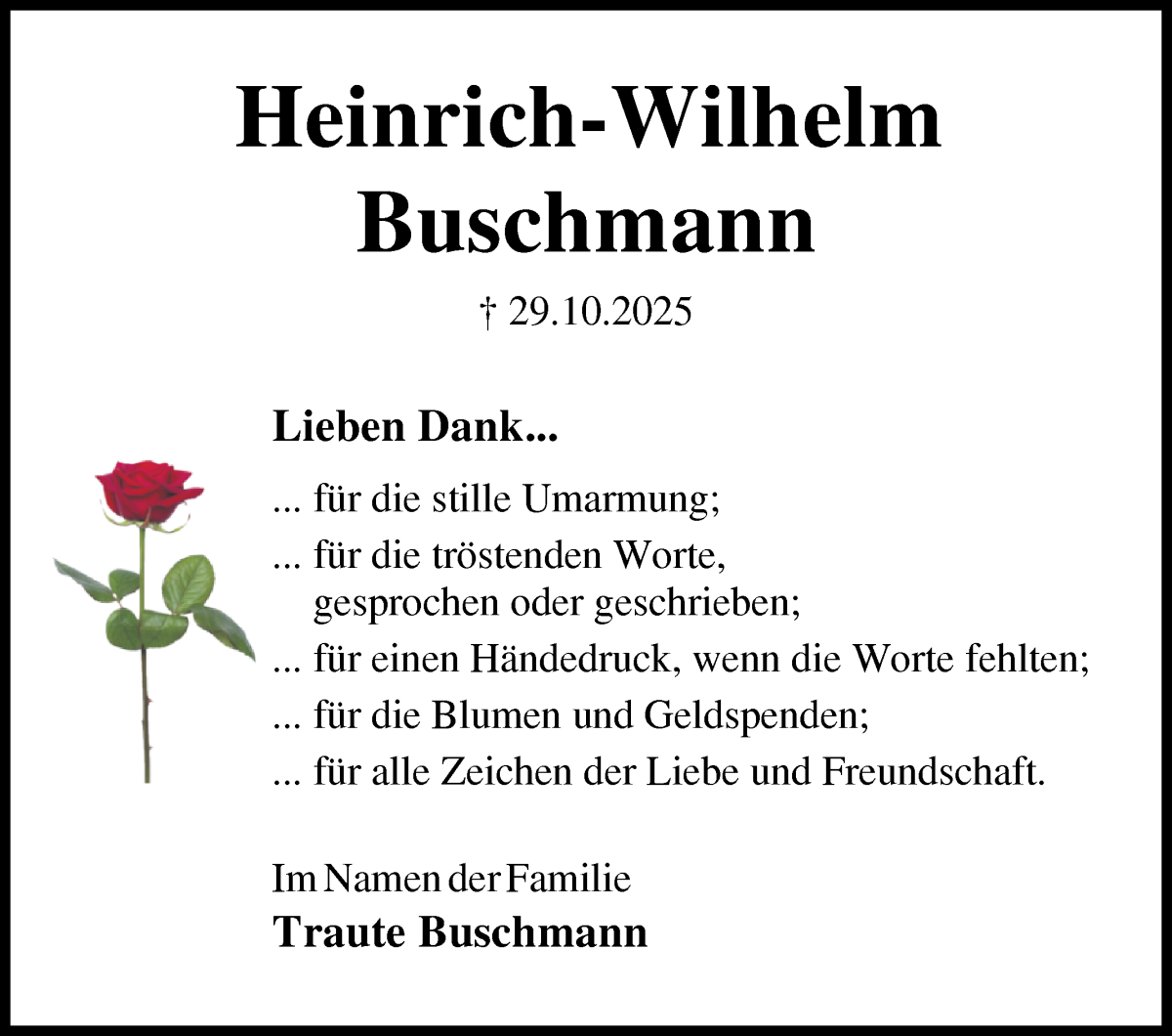 Traueranzeige von Heinrich-Wilhelm Buschmann von Osterholzer Kreisblatt