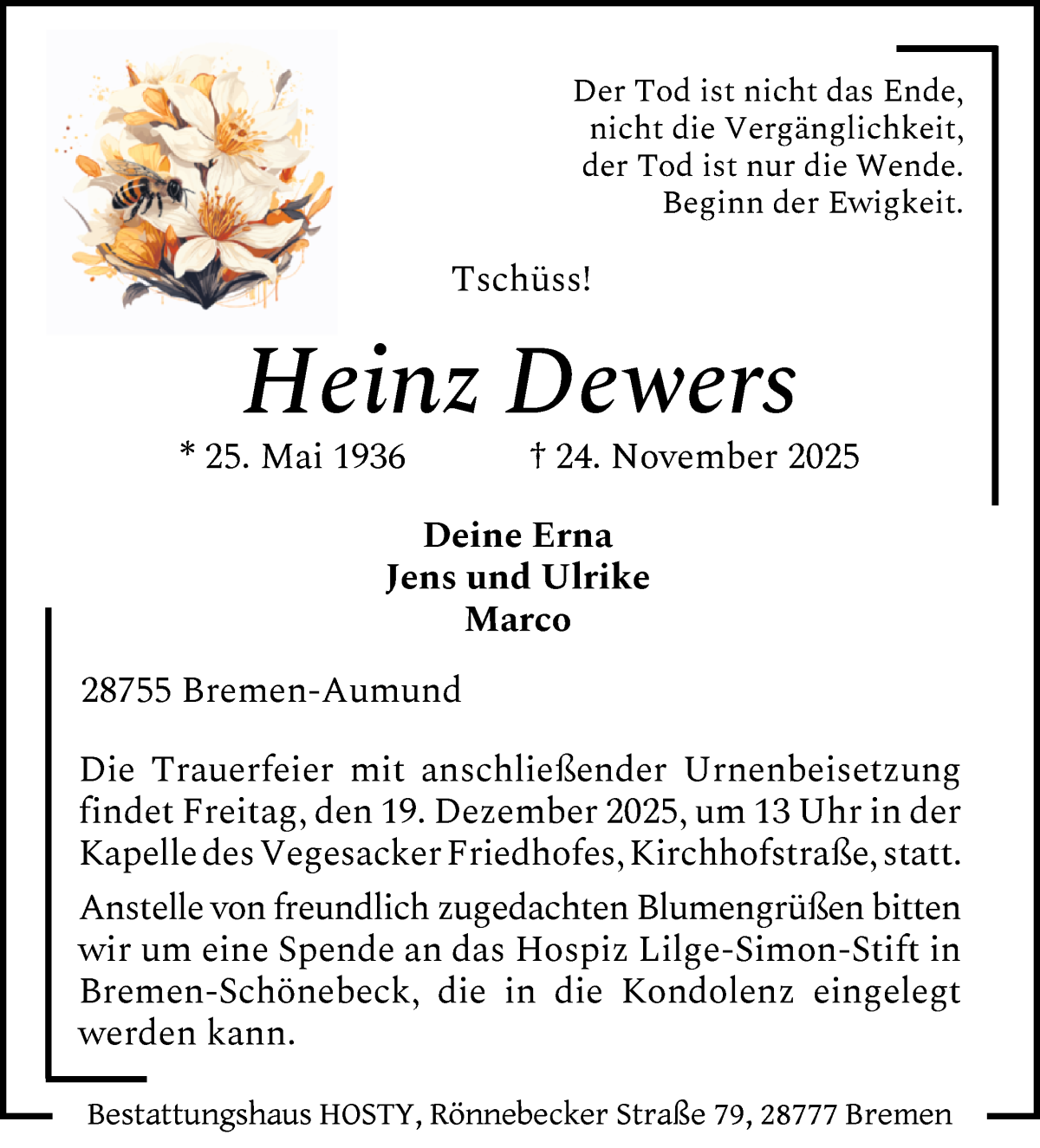 Traueranzeige von Heinz Dewers von Die Norddeutsche