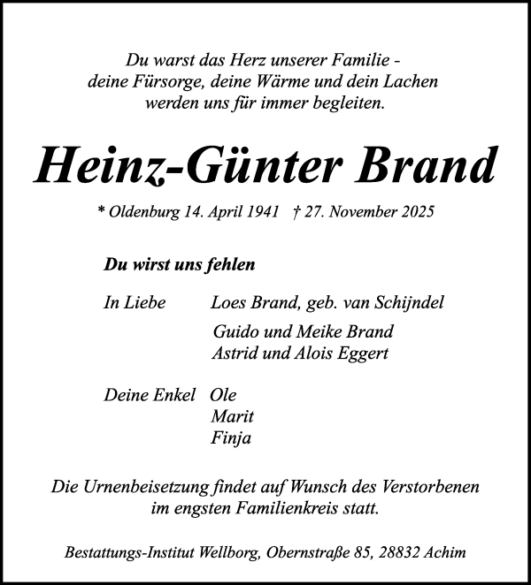 Traueranzeige von Heinz-Günter Brand von Achimer Kurier/Verdener Nachrichten