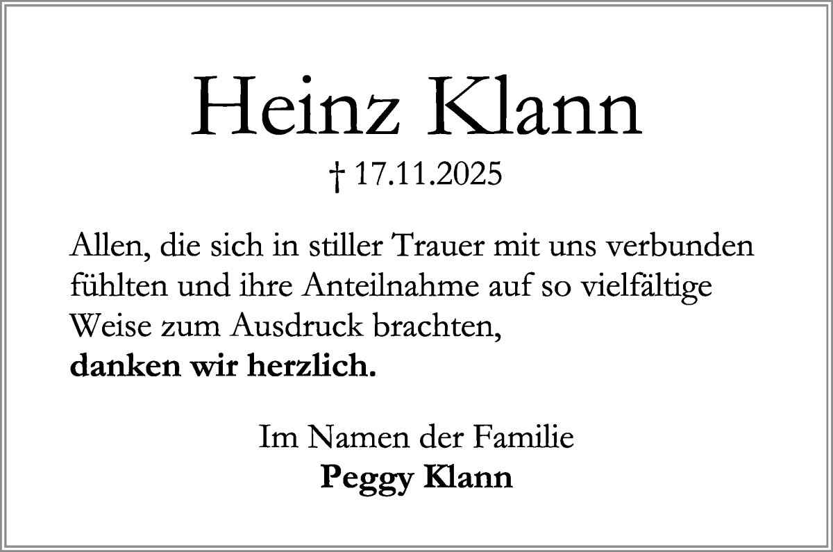 Traueranzeige von Heinz Klann von WESER-KURIER