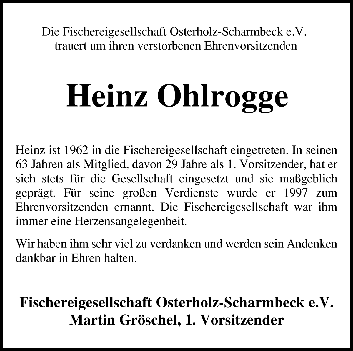 Traueranzeige von Heinz Ohlrogge von Osterholzer Kreisblatt