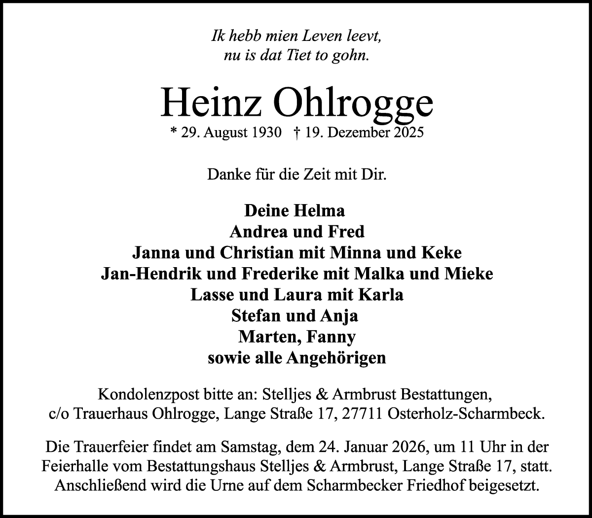 Traueranzeige von Heinz Ohlrogge von Osterholzer Kreisblatt