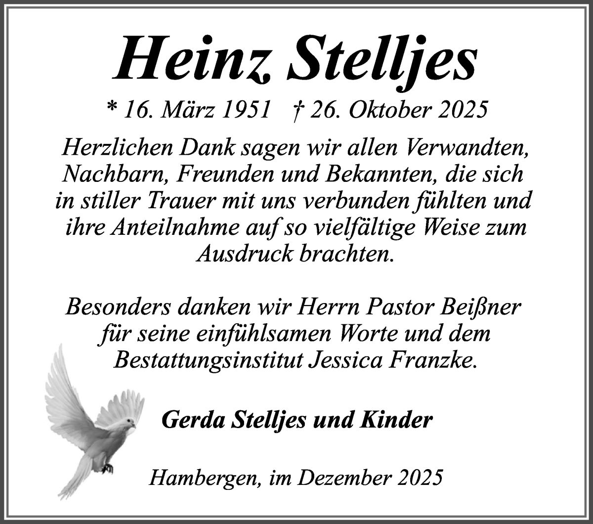 Traueranzeige von Heinz Stelljes von Osterholzer Kreisblatt