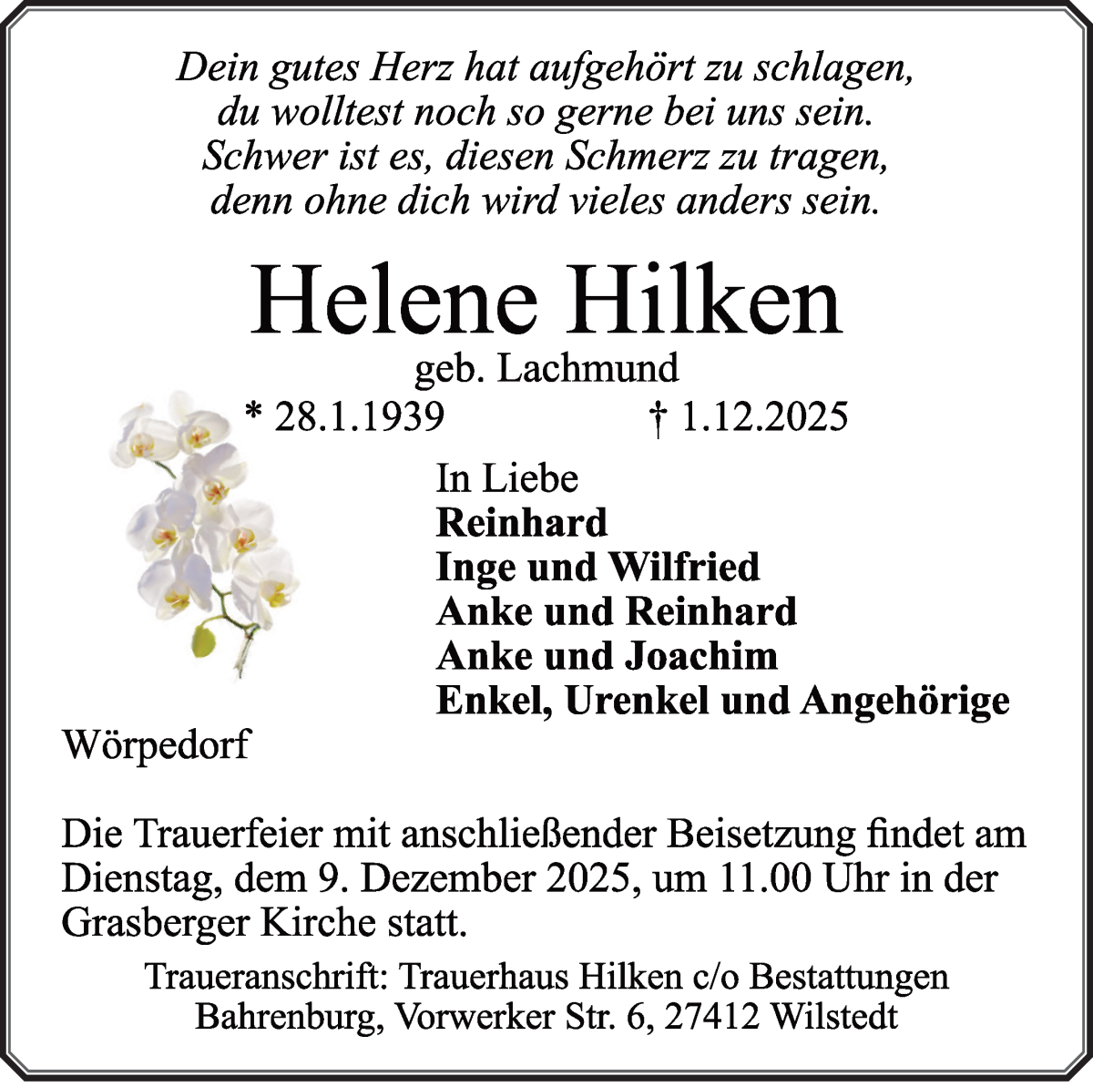 Traueranzeige von Helene Hilken von WESER-KURIER
