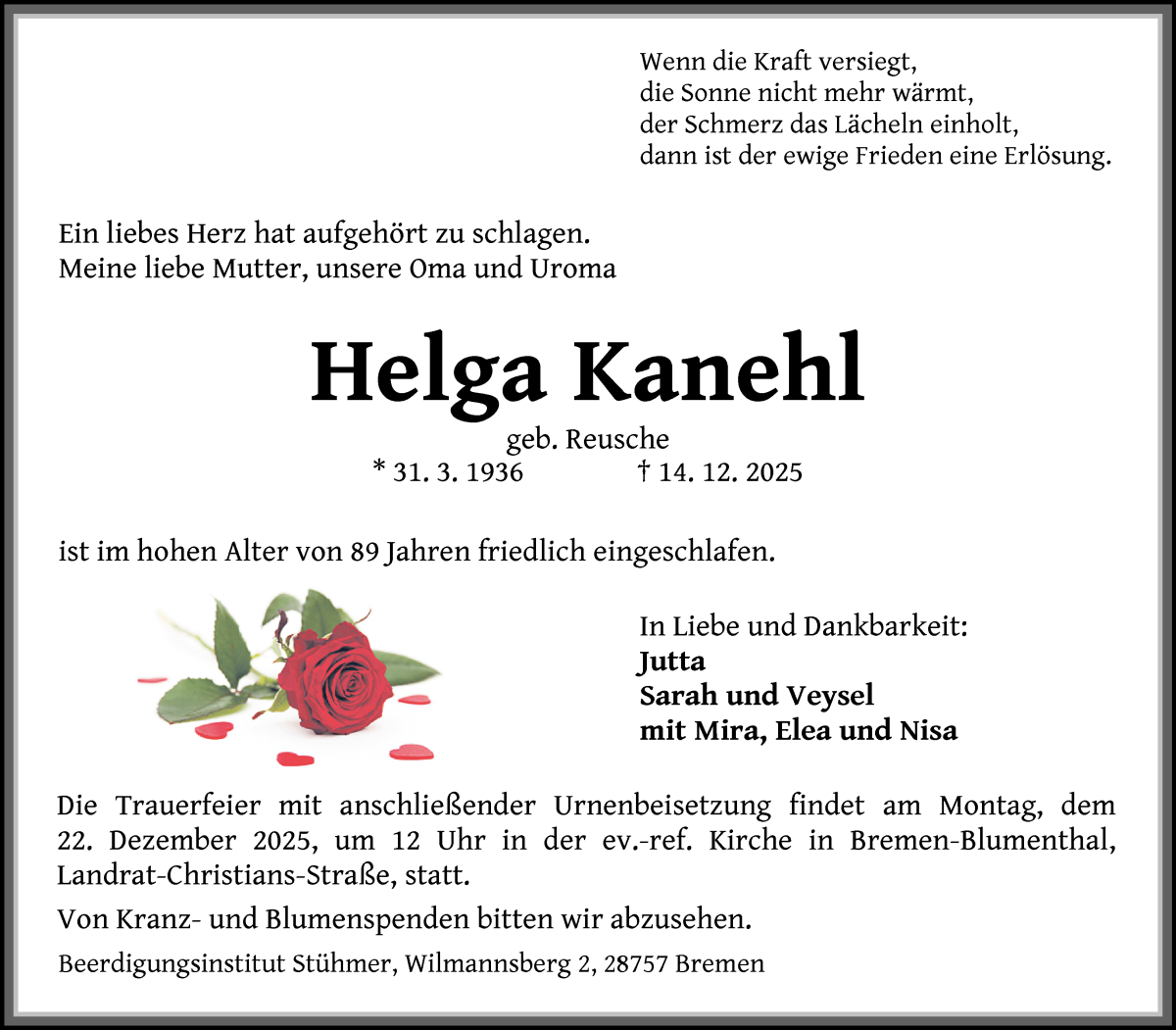 Traueranzeige von Helga Kanehl von Die Norddeutsche
