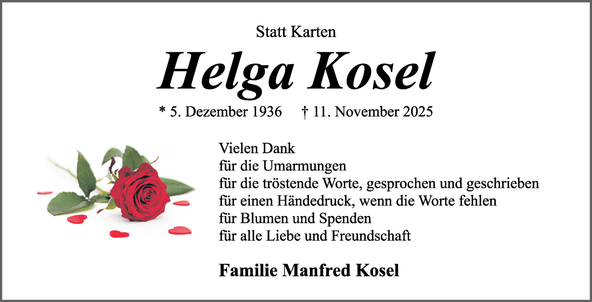  Traueranzeige für Helga Kosel vom 13.12.2025 aus WESER-KURIER