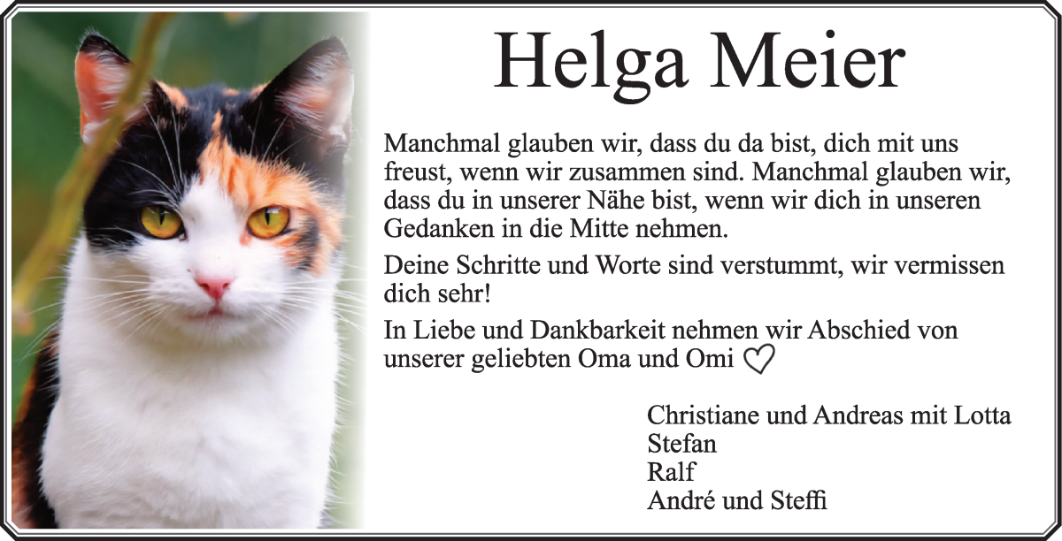 Traueranzeige von Helga Meier von Wuemme Zeitung