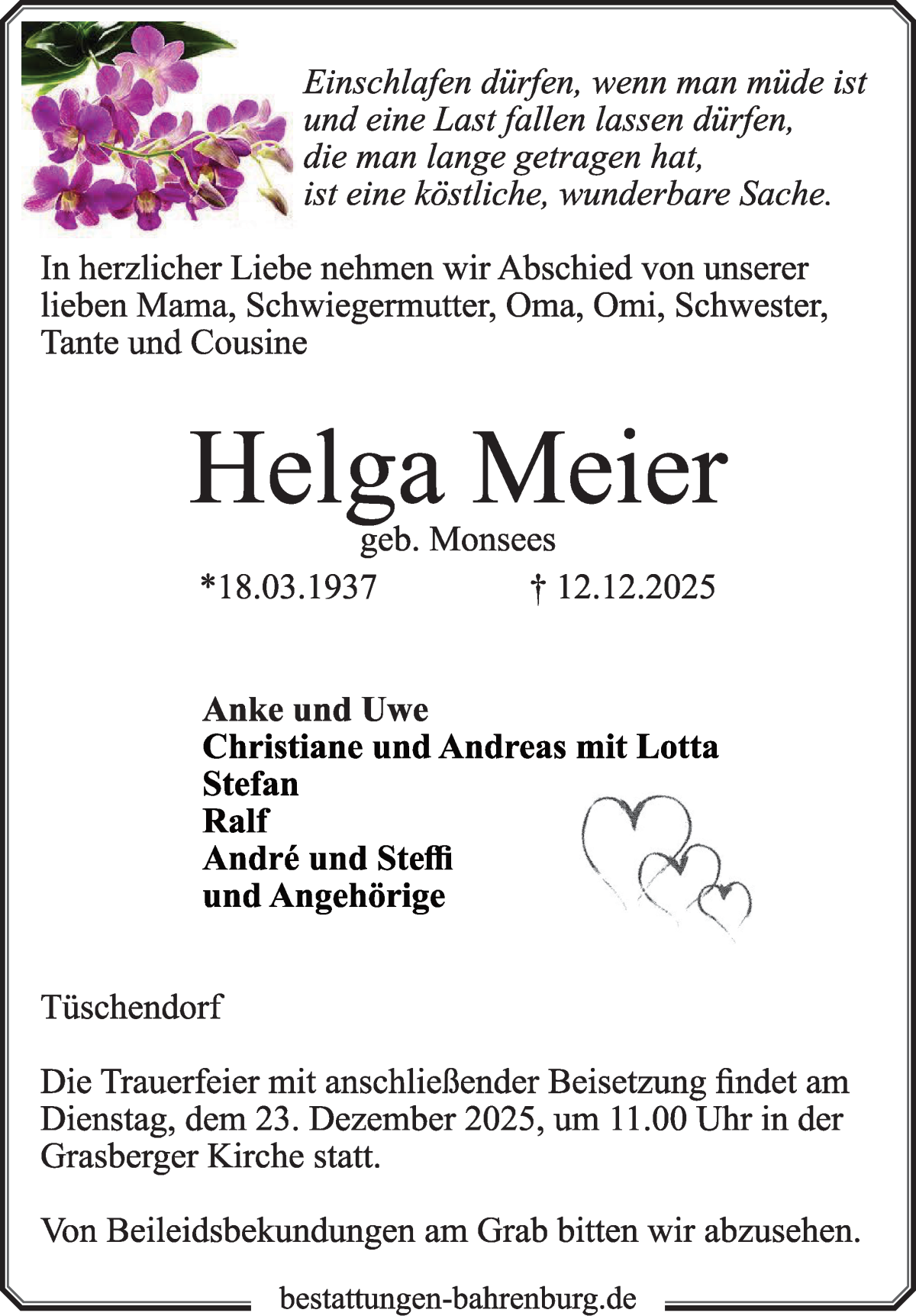 Traueranzeige von Helga Meier von Wuemme Zeitung