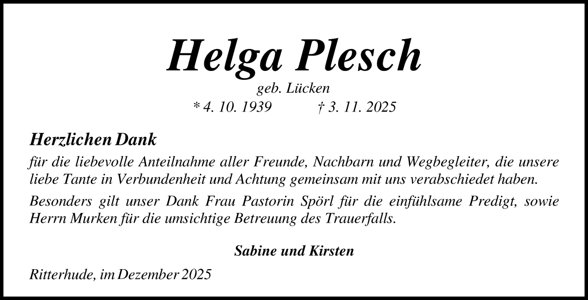 Traueranzeige von Helga Plesch von Osterholzer Kreisblatt