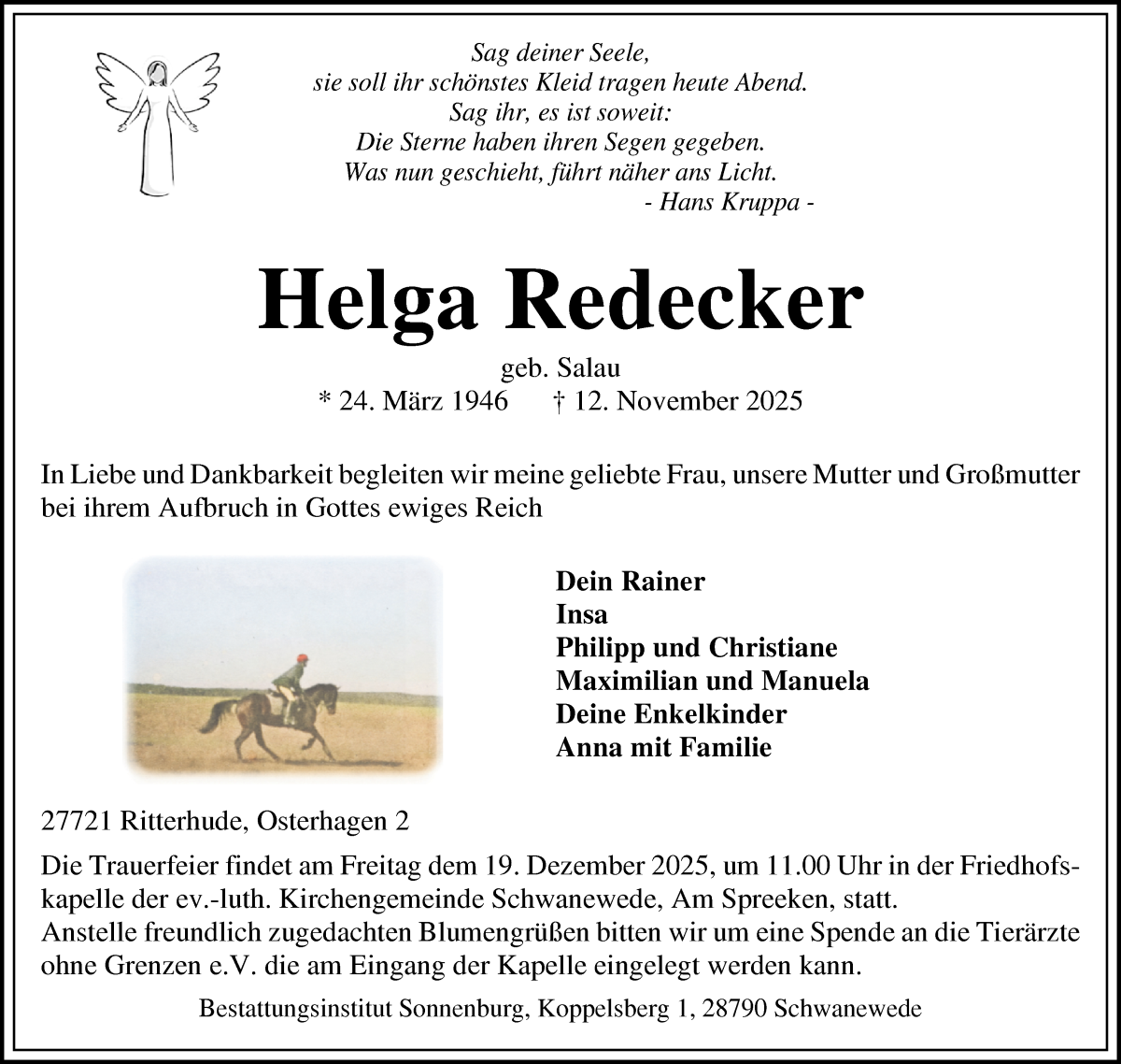 Traueranzeige von Helga Redecker von Osterholzer Kreisblatt