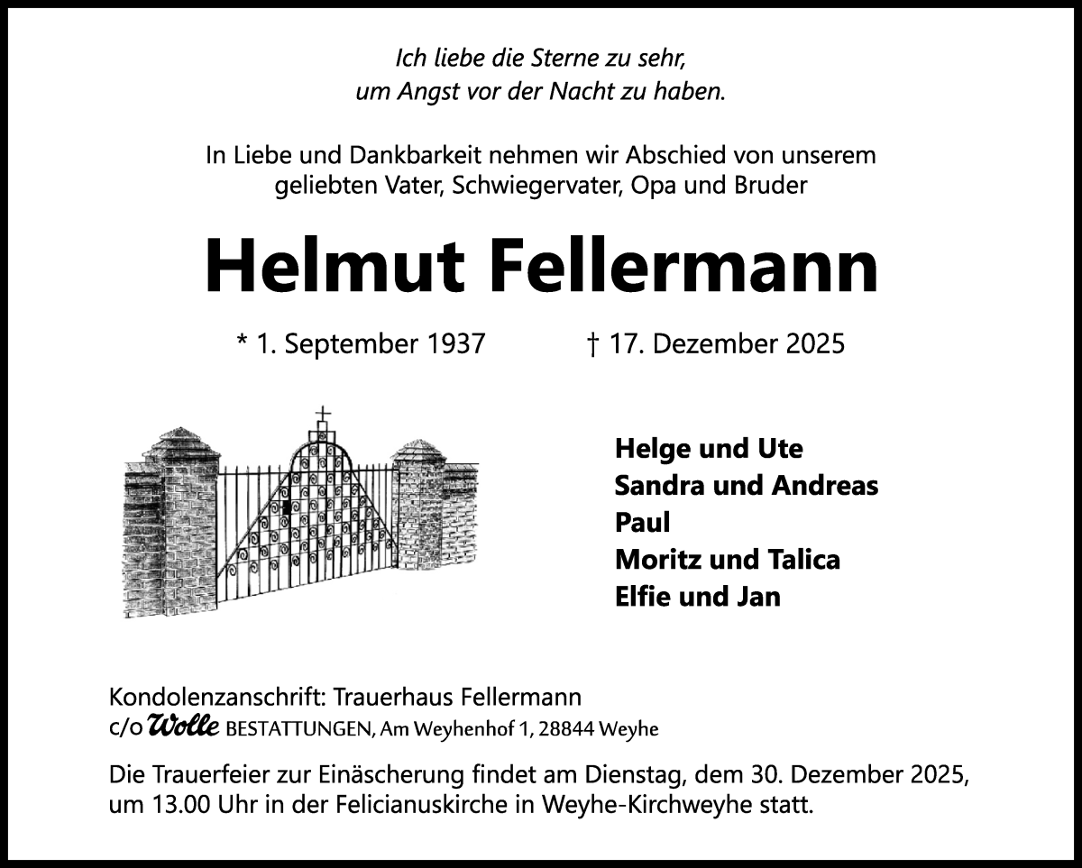 Traueranzeige von Helmut Fellermann von Regionale Rundschau/Syker Kurier