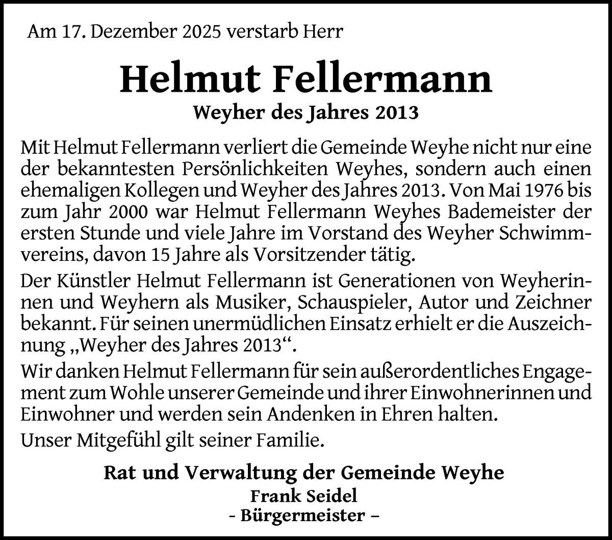 Traueranzeige von Helmut Fellermann von Regionale Rundschau/Syker Kurier