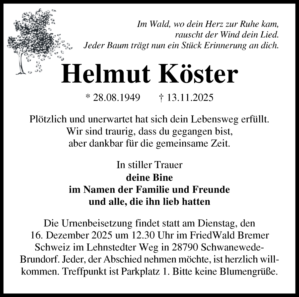  Traueranzeige für Helmut Köster vom 06.12.2025 aus WESER-KURIER