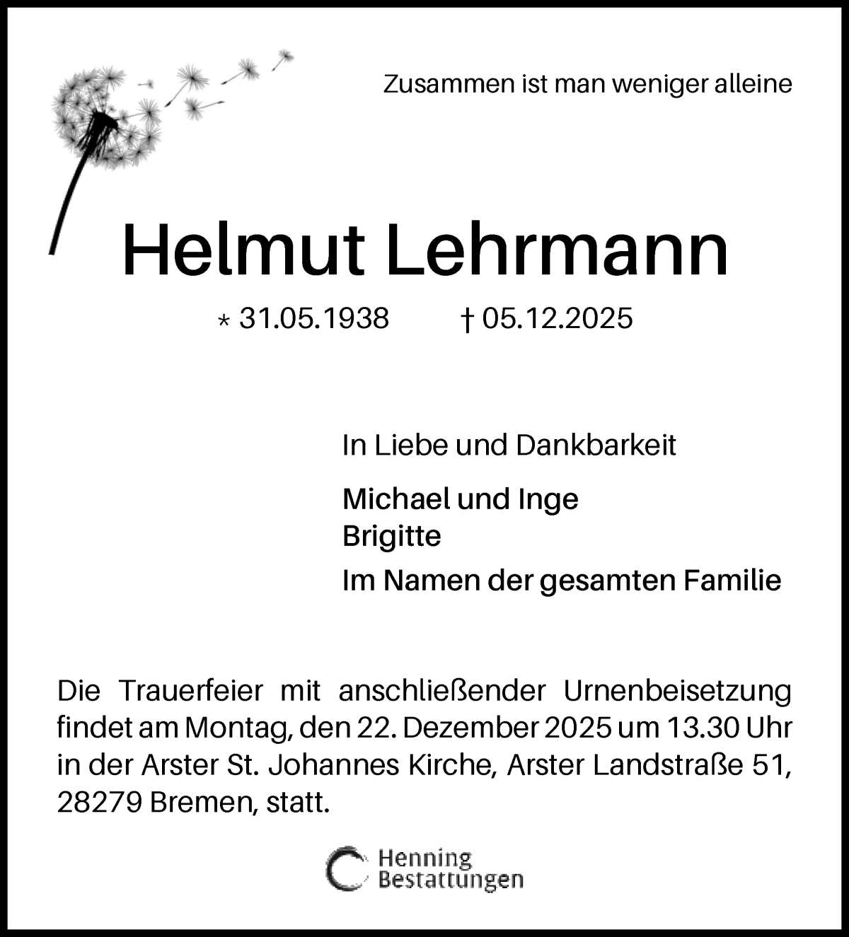 Traueranzeige von Helmut Lehrmann von WESER-KURIER