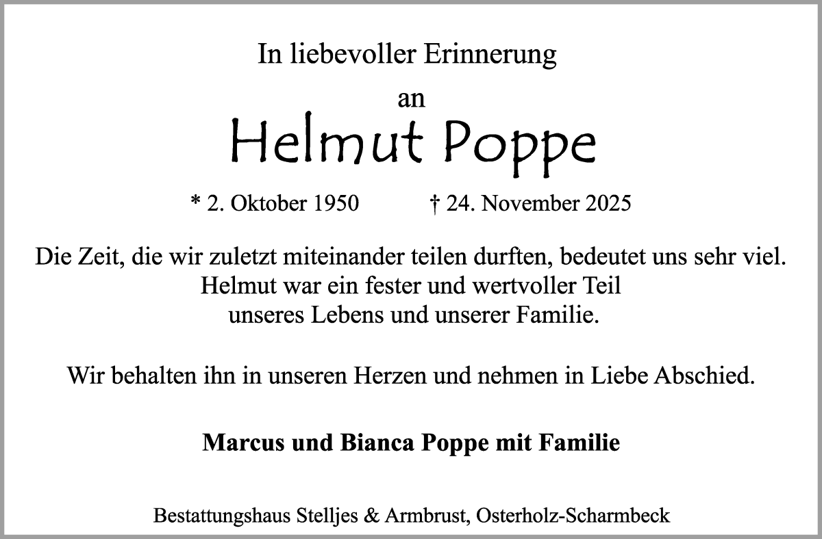 Traueranzeige von Helmut Poppe von Osterholzer Kreisblatt