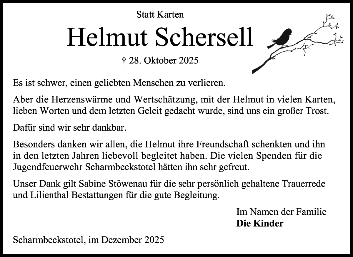 Traueranzeige von Helmut Schersell von Osterholzer Kreisblatt