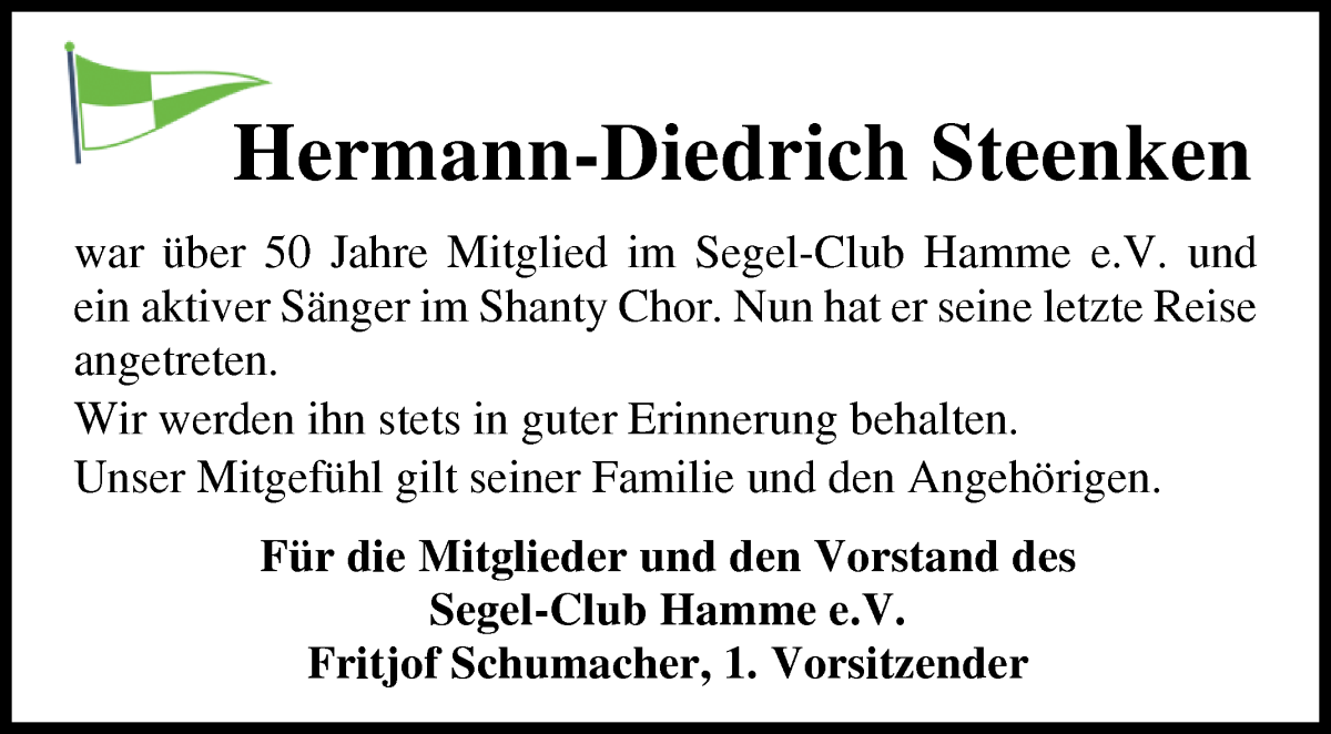Traueranzeige von Hermann-Diedrich Steenken von Osterholzer Kreisblatt
