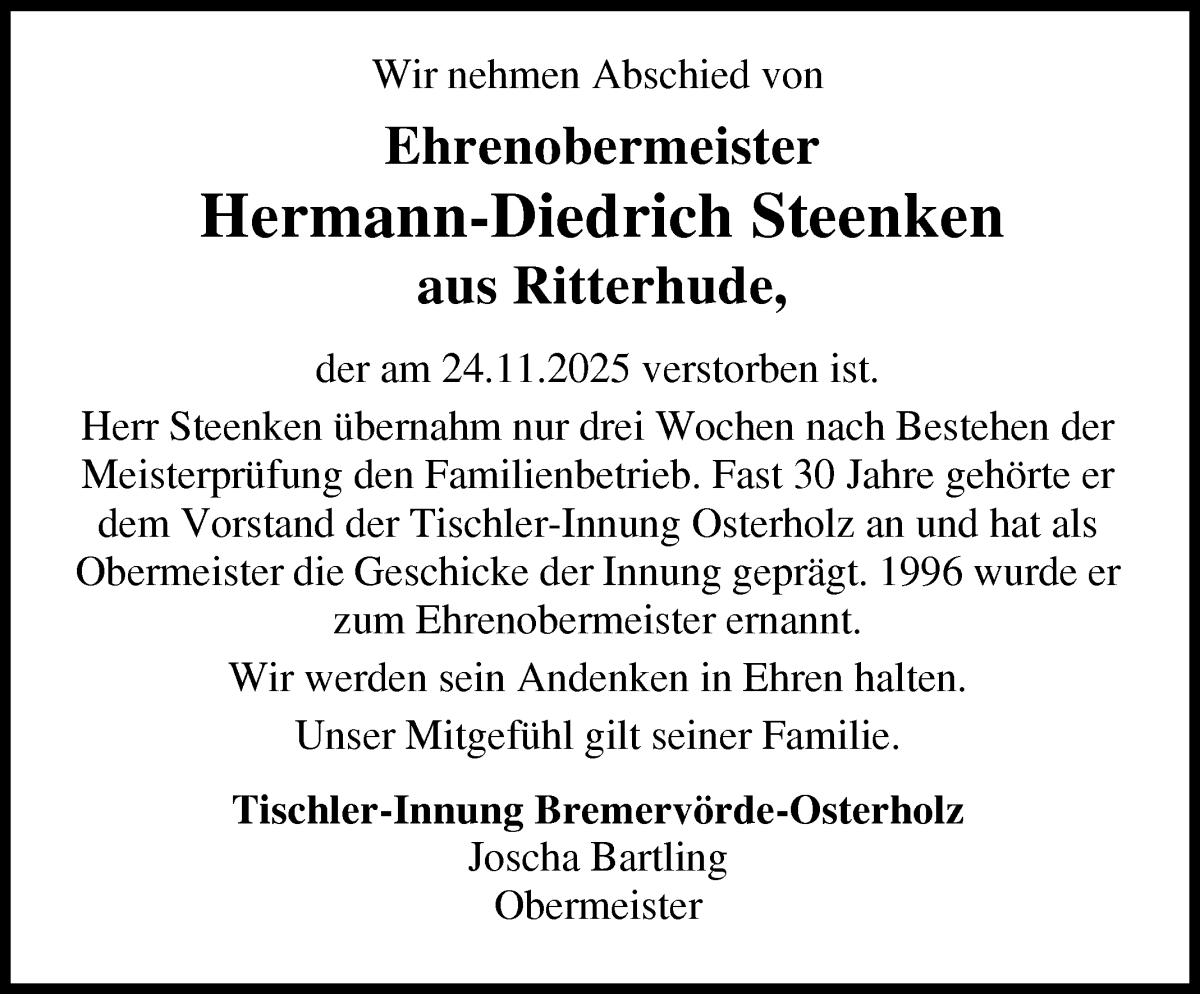 Traueranzeige von Hermann-Diedrich Steenken von Osterholzer Kreisblatt