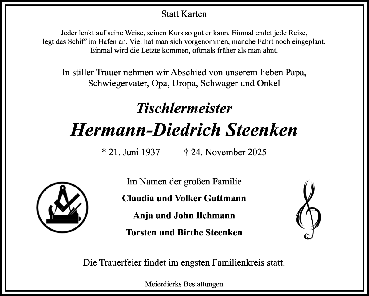 Traueranzeige von Hermann-Diedrich Steenken von Osterholzer Kreisblatt