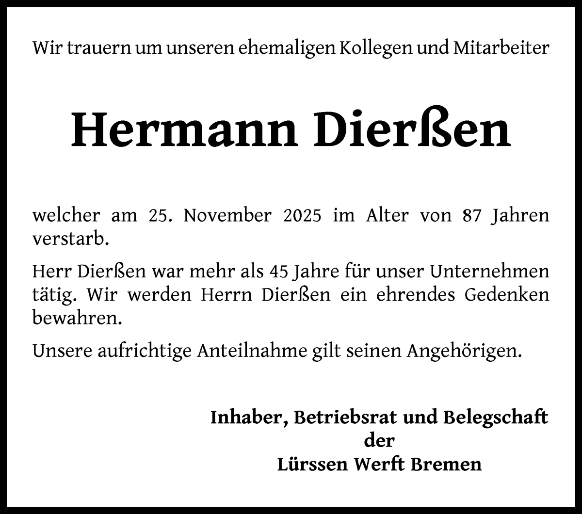 Traueranzeige von Hermann Dierßen von Die Norddeutsche