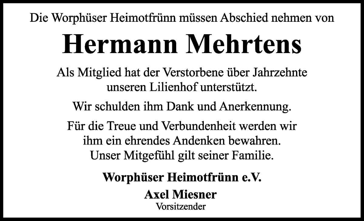 Traueranzeige von Hermann Mehrtens von Wuemme Zeitung