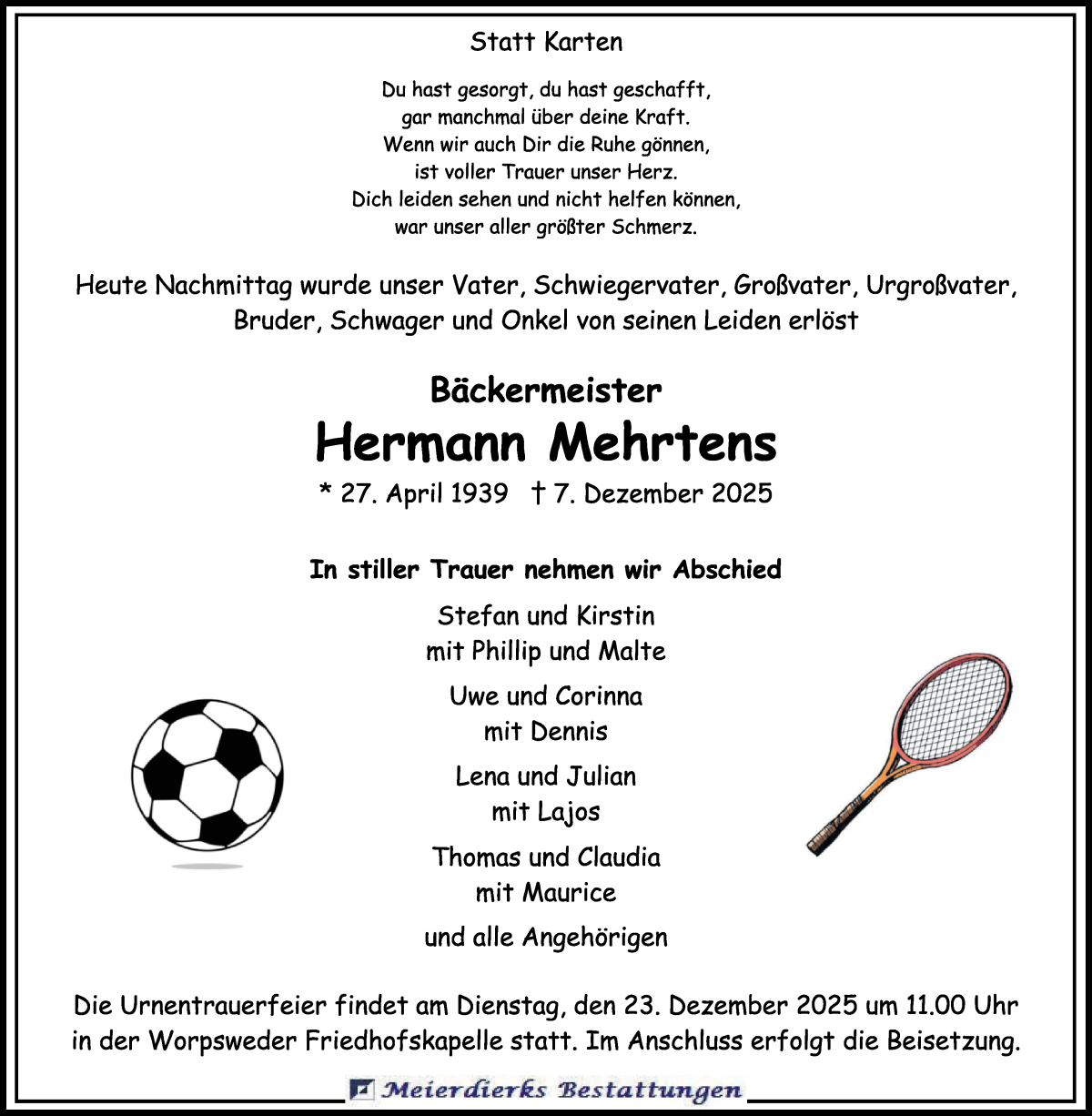 Traueranzeige von Hermann Mehrtens von Wuemme Zeitung