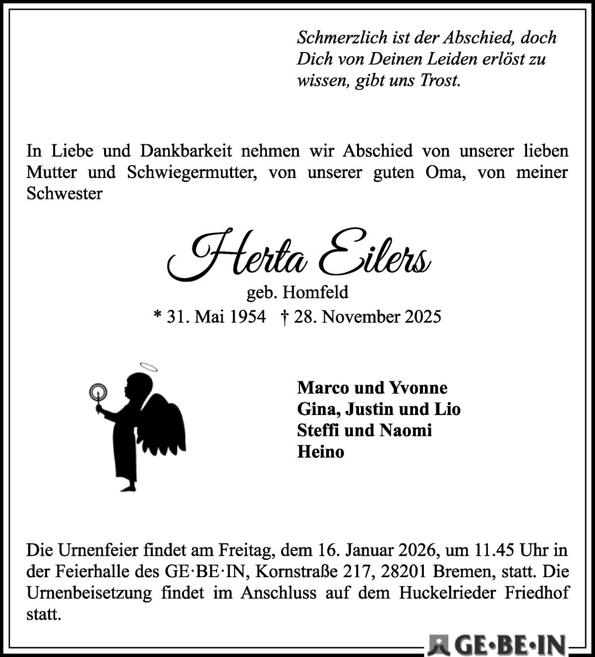 Traueranzeige von Herta Eilers von WESER-KURIER