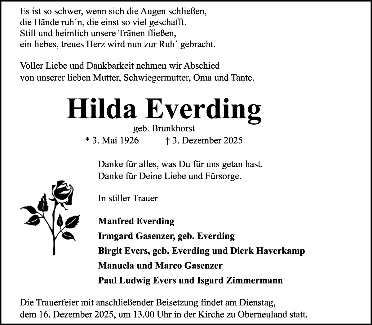 Traueranzeige von Hilda Everding von WESER-KURIER