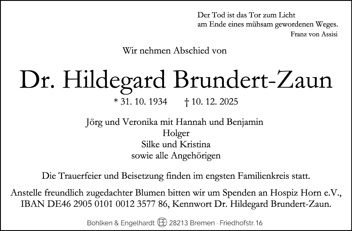 Traueranzeige von Hildegard Brundert-Zaun von WESER-KURIER