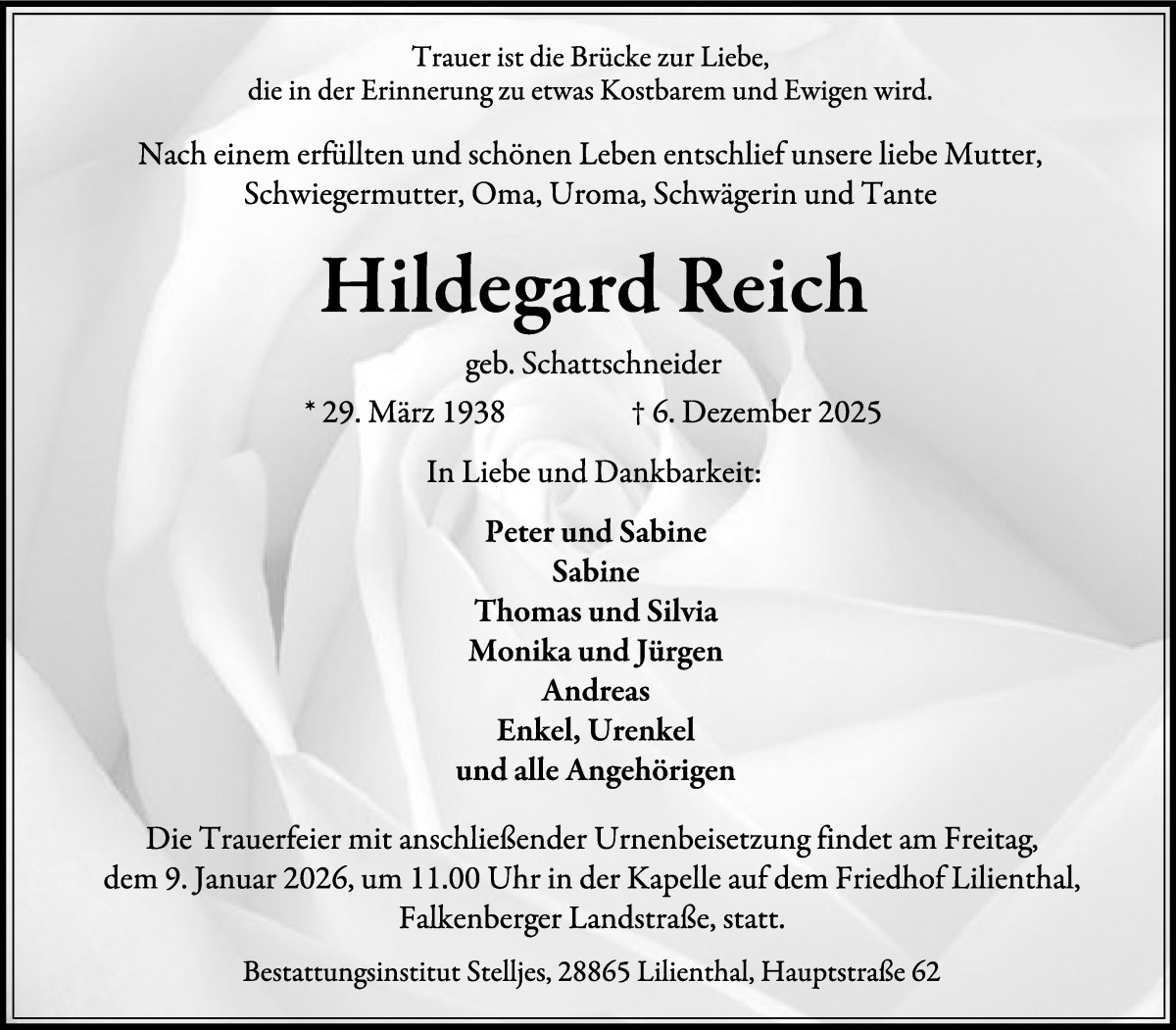 Traueranzeige von Hildegard Reich von Wuemme Zeitung